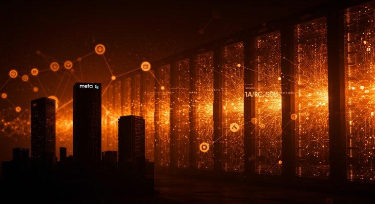 Inversiones en infraestructura IA con centros de datos futuristas de Meta, Microsoft y Google destacando el crecimiento en tecnología y startups en 2026.