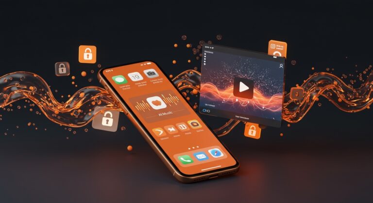 Interfaz de iOS 26.4 mostrando playlists con inteligencia artificial, video podcasts y mensajería encriptada E2EE, impactando herramientas de productividad para startups.