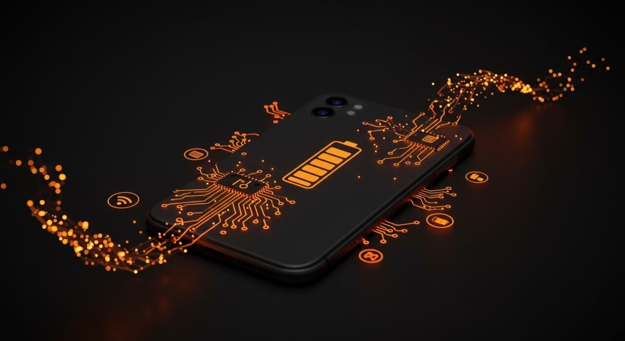 Optimización de código y eficiencia de batería en iOS 27 destacadas con iconos de iPhone y elementos de inteligencia artificial en tonos naranja y negro.