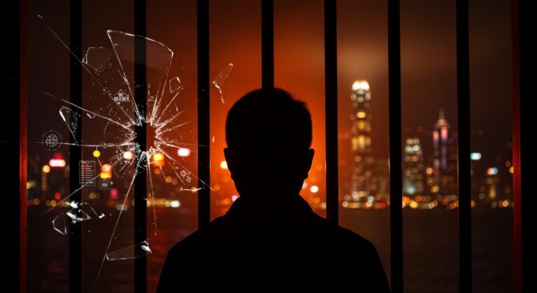 Silhouette de Jimmy Lai tras rejas simbolizando la condena y el fin de la libertad de prensa en Hong Kong con metáforas visuales de riesgos regulatorios para startups en Asia.