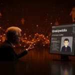 Jimmy Wales enfrentando a Grokipedia de Elon Musk en una representación visual de IA aplicada y el futuro del conocimiento.