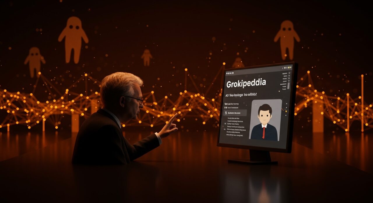 Jimmy Wales enfrentando a Grokipedia de Elon Musk en una representación visual de IA aplicada y el futuro del conocimiento.