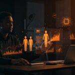 Fundadores de startup con agentes IA flexibles para marketing rodeados de visualizaciones abstractas de redes neuronales e inversión seed.