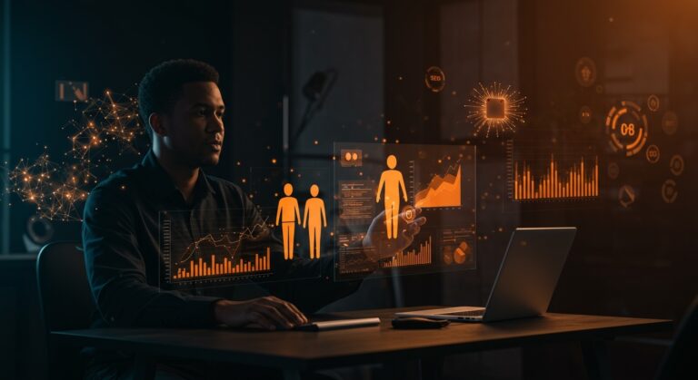 Fundadores de startup con agentes IA flexibles para marketing rodeados de visualizaciones abstractas de redes neuronales e inversión seed.