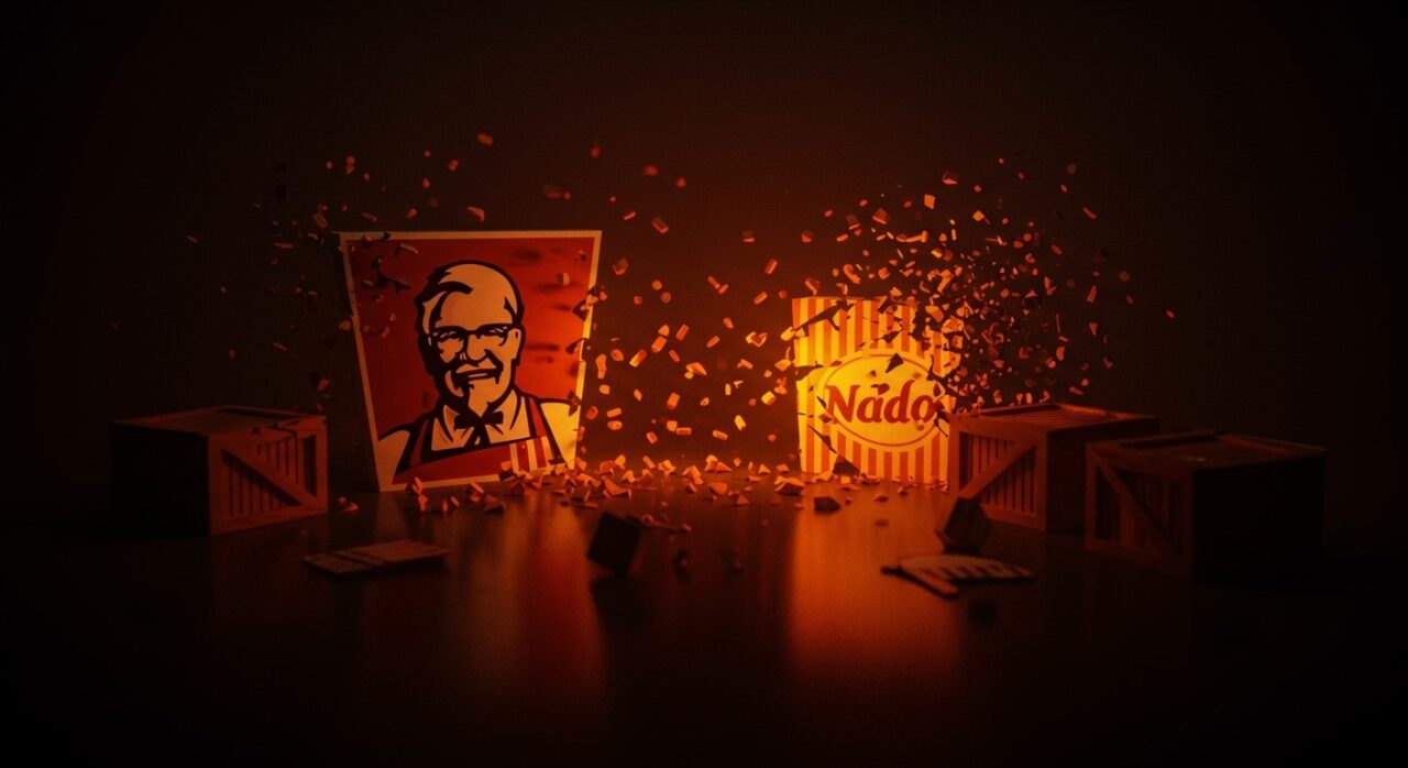 Representación visual del abandono del compromiso de bienestar animal por KFC y Nando's debido a la ruptura en la cadena de suministro.