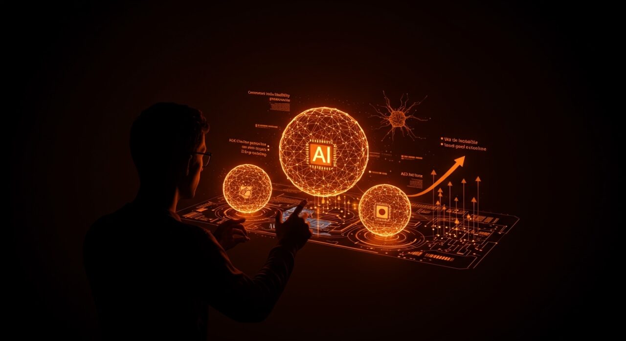 Dimensiones clave de inteligencia artificial según Google Cloud con metáforas visuales de modelos de IA, velocidad y extensibilidad para founders tech.