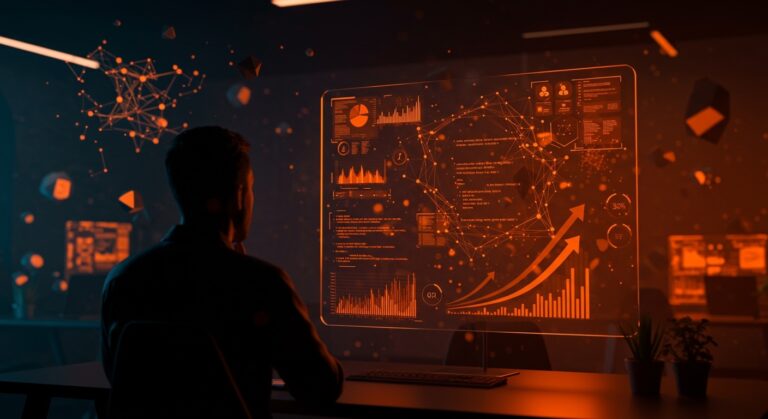 Fundador frente a interfaces digitales mostrando la adaptación y etapas del desarrollo de software con IA en un entorno tecnológico moderno.