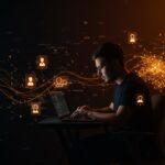 Imagen editorial de un founder tech trabajando en agentes de IA minimalistas y eficientes con metáforas visuales de inteligencia artificial aplicada y automatización avanzada.