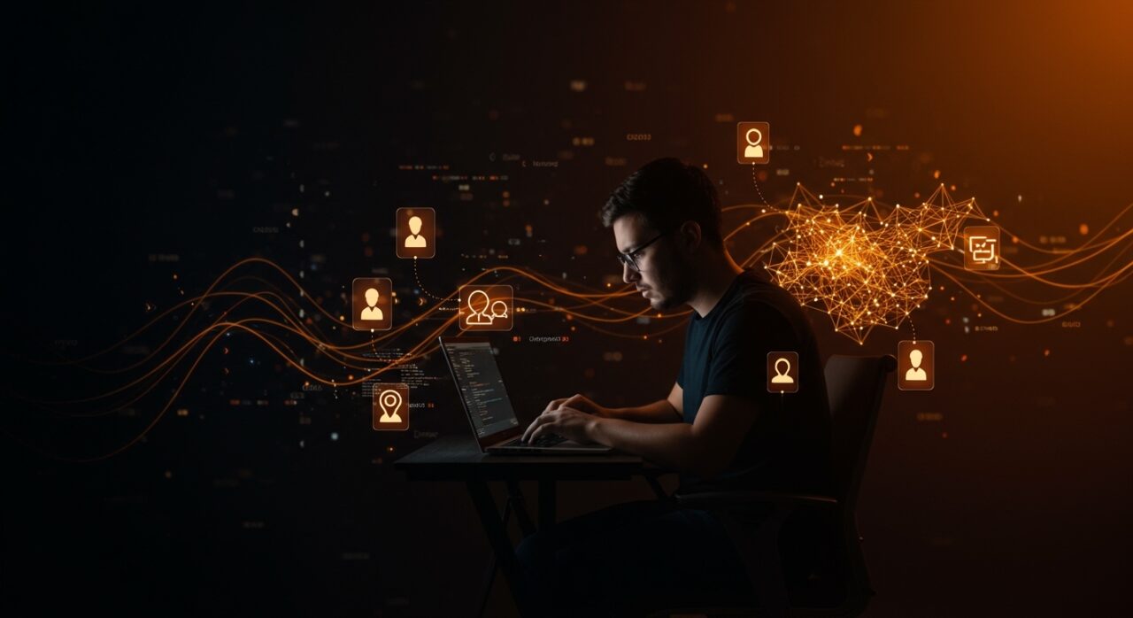 Imagen editorial de un founder tech trabajando en agentes de IA minimalistas y eficientes con metáforas visuales de inteligencia artificial aplicada y automatización avanzada.