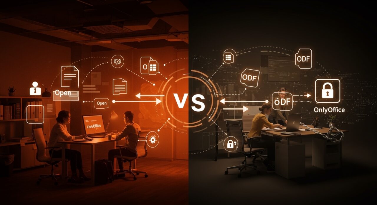 Comparativa visual entre LibreOffice y OnlyOffice mostrando vendor lock-in y elecciones estratégicas de software abierto para startups tecnológicas.