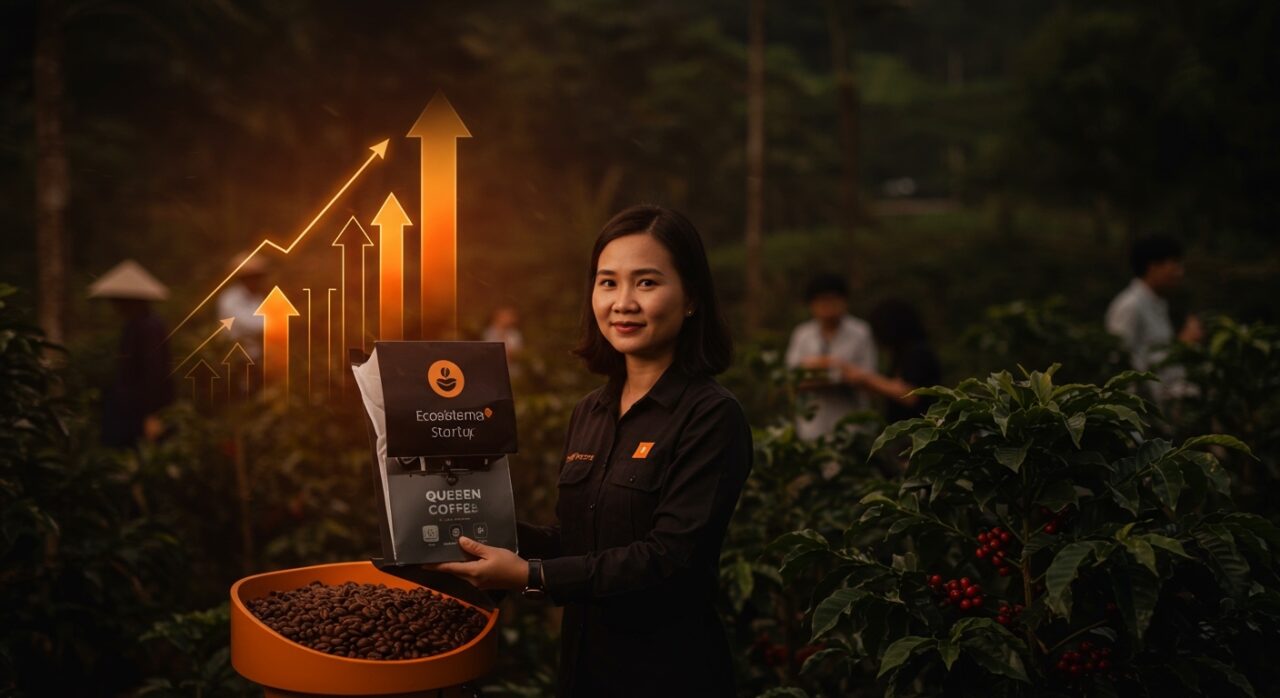 Retrato inspirador de Ngo Thi Kim Chi, CEO de Queen Coffee, representando liderazgo femenino y crecimiento sostenible en Vietnam.