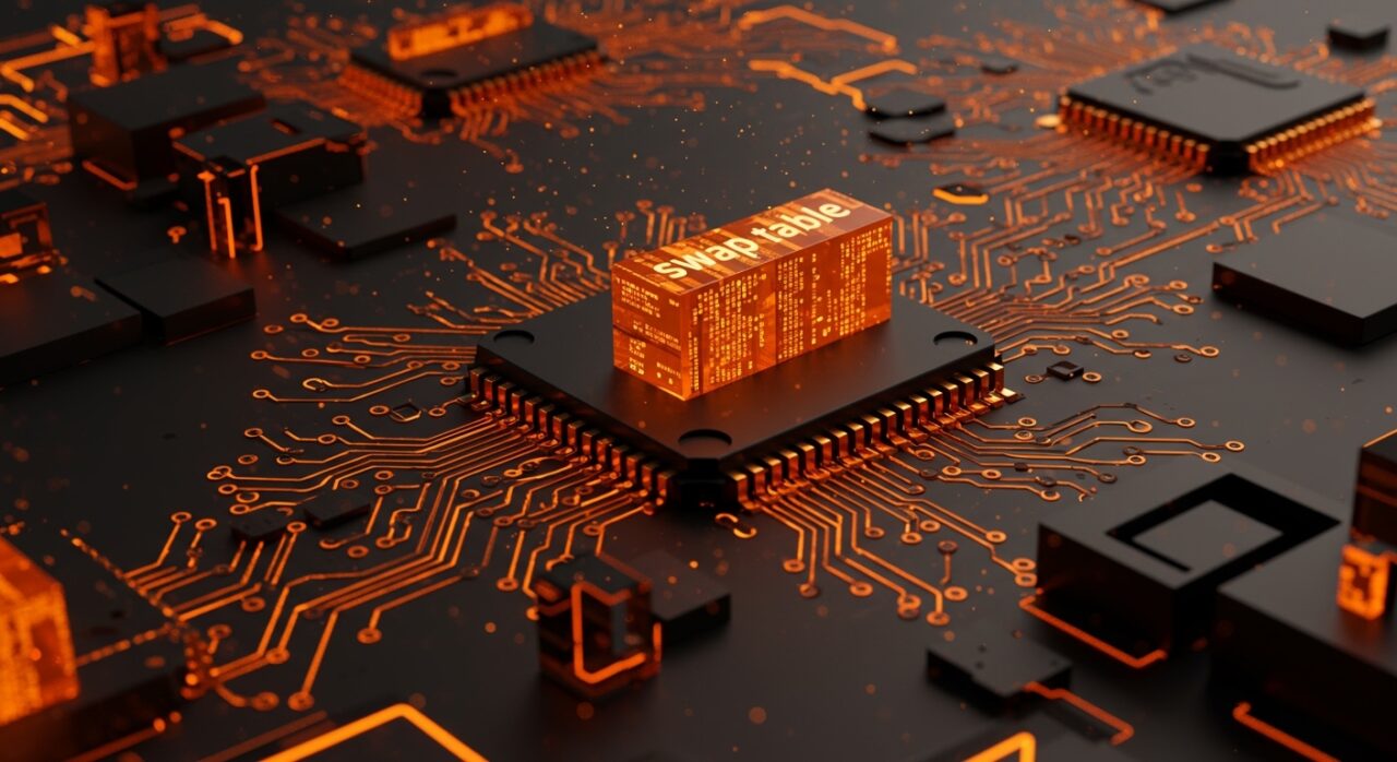 Optimización de memoria y rendimiento en Linux kernel 6.18 con swap table, representado a través de una visualización técnica en colores naranja y negro.