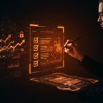 Emprendedor usando listas digitales para fortalecer hábitos cognitivos y funciones ejecutivas en la planificación estratégica y autocontrol.