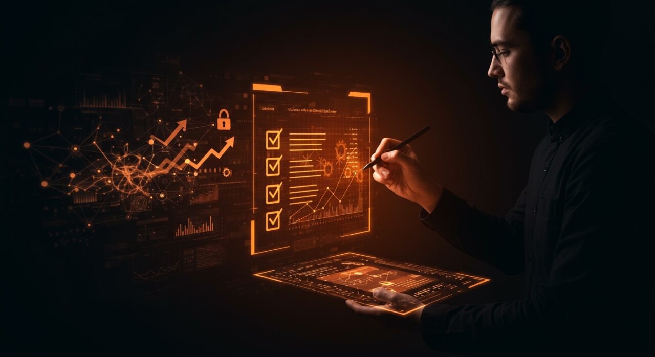 Emprendedor usando listas digitales para fortalecer hábitos cognitivos y funciones ejecutivas en la planificación estratégica y autocontrol.