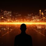 Fundador tecnológico frente a un horizonte digital que simboliza agentes de IA y la evolución del desarrollo de software con LLMs y FORTRAN.