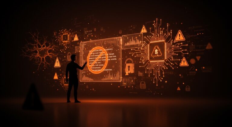 Programador interactuando con código generado por IA y símbolos de seguridad, destacando riesgos y mejores prácticas para LLMs en programación.