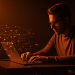 Fundador de startup programando con inteligencia artificial y LLMs, simbolizando habilidad técnica y buen gusto en desarrollo de aplicaciones.