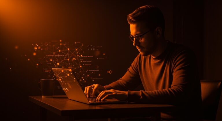 Fundador de startup programando con inteligencia artificial y LLMs, simbolizando habilidad técnica y buen gusto en desarrollo de aplicaciones.