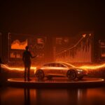 Presentación de un prototipo de vehículo eléctrico Lucid Motors con gráficos digitales que simbolizan inversión y sostenibilidad en startups EV.