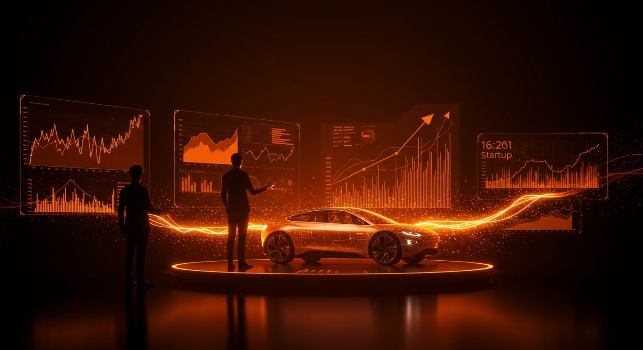 Presentación de un prototipo de vehículo eléctrico Lucid Motors con gráficos digitales que simbolizan inversión y sostenibilidad en startups EV.