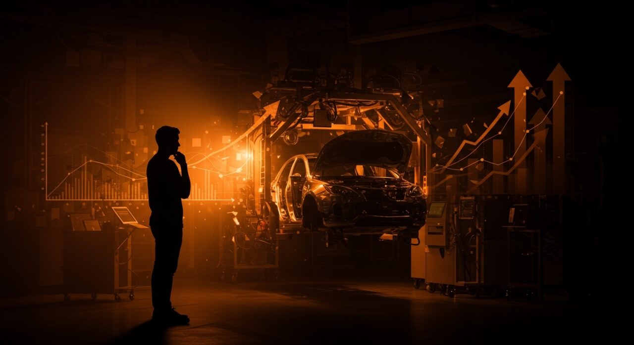 Fundador de startup reflexionando frente a una línea de producción de vehículos eléctricos, simbolizando decisiones difíciles y reducción de personal en Lucid Motors para lograr rentabilidad.