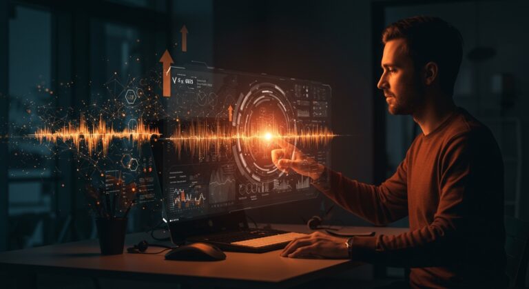 Fundador usando IA musical Lyria 3 en Gemini para crear contenido profesional con inteligencia artificial en startups tecnológicas.