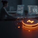 M Disc iluminado en tonos naranja y negro representando almacenamiento digital permanente para startups y preservación de datos a largo plazo.