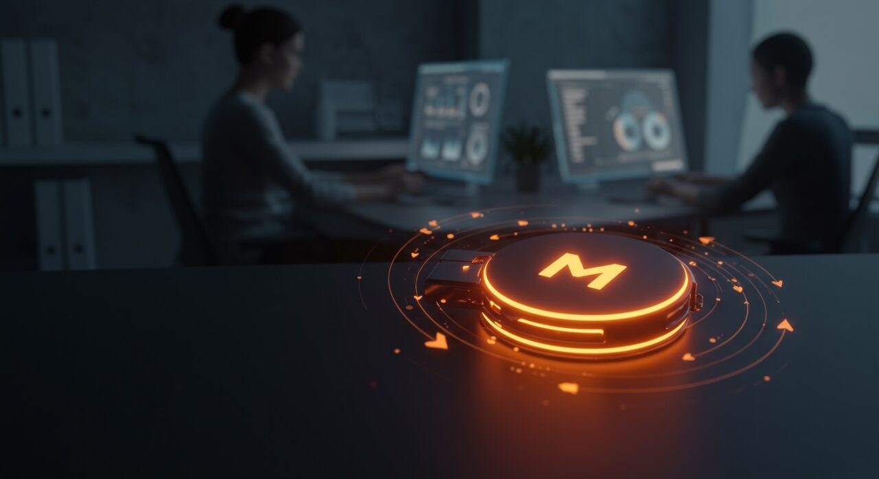 M Disc iluminado en tonos naranja y negro representando almacenamiento digital permanente para startups y preservación de datos a largo plazo.