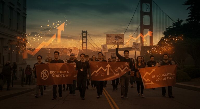 Marcha de fundadores de startups de IA en San Francisco protestando contra el impuesto a la riqueza en California, representando impacto en el ecosistema tech.