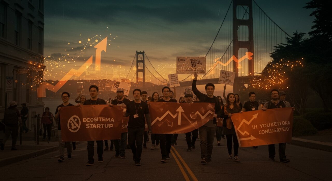Marcha de fundadores de startups de IA en San Francisco protestando contra el impuesto a la riqueza en California, representando impacto en el ecosistema tech.