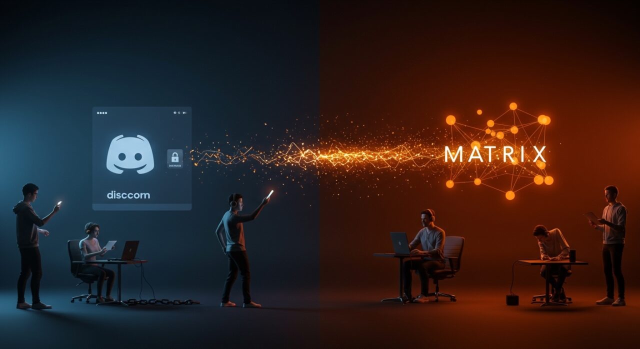 Migración de usuarios de Discord a Matrix por verificación de edad mostrando plataformas descentralizadas y privacidad digital.