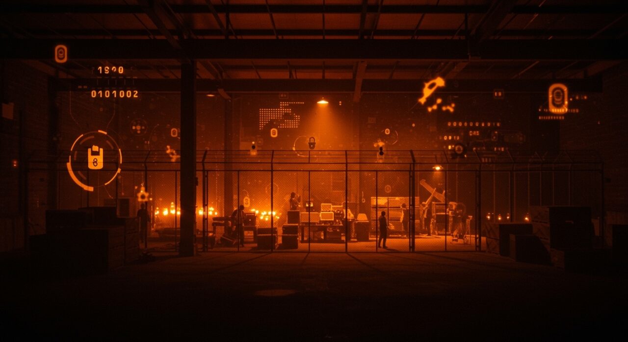 Mega almacenes convertidos en centros de detención con elementos visuales que ilustran inmigración, automatización e inversión tecnológica.