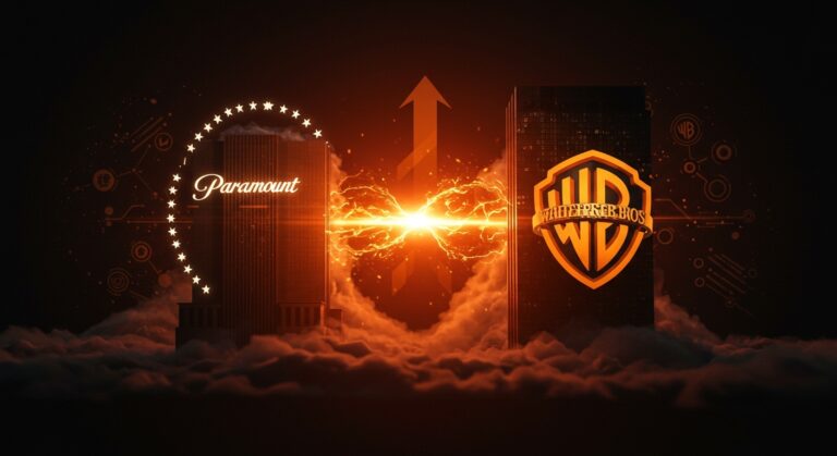 Mega fusión de Paramount y Warner Bros Discovery representada por rascacielos corporativos fusionándose con energía digital naranja en la industria del streaming y consolidación de medios.