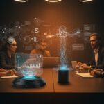 Dispositivo físico de IA realizando transcripción y traducción en vivo en reunión de founders tech, optimizando notas con automatización.