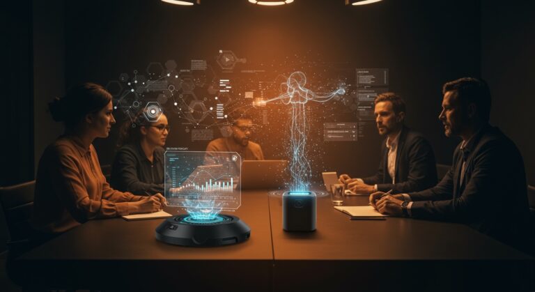 Dispositivo físico de IA realizando transcripción y traducción en vivo en reunión de founders tech, optimizando notas con automatización.