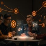 Startup founders colaborando en ETHDenver 2026 con visualizaciones digitales de criptomonedas y regulación en el mercado crypto post-hype.