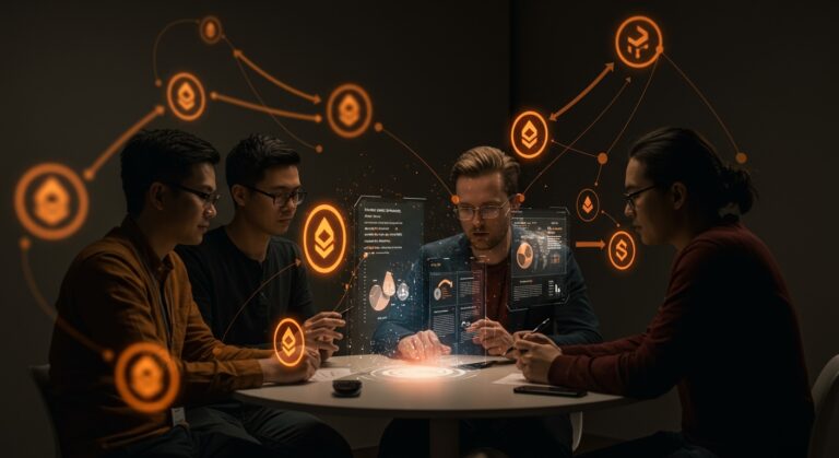 Startup founders colaborando en ETHDenver 2026 con visualizaciones digitales de criptomonedas y regulación en el mercado crypto post-hype.