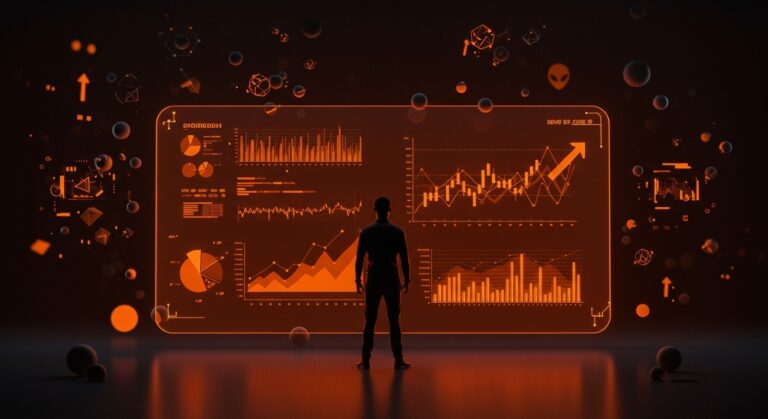 Founder usando mercados de predicción con tecnología futurista y temática de vida extraterrestre para tomar decisiones estratégicas en startups.