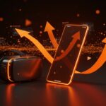 Dispositivo móvil futurista iluminado en naranja sobre un auricular de realidad virtual apagado, simbolizando el pivote estratégico de Meta y Horizons Worlds hacia plataformas móviles en el metaverso.