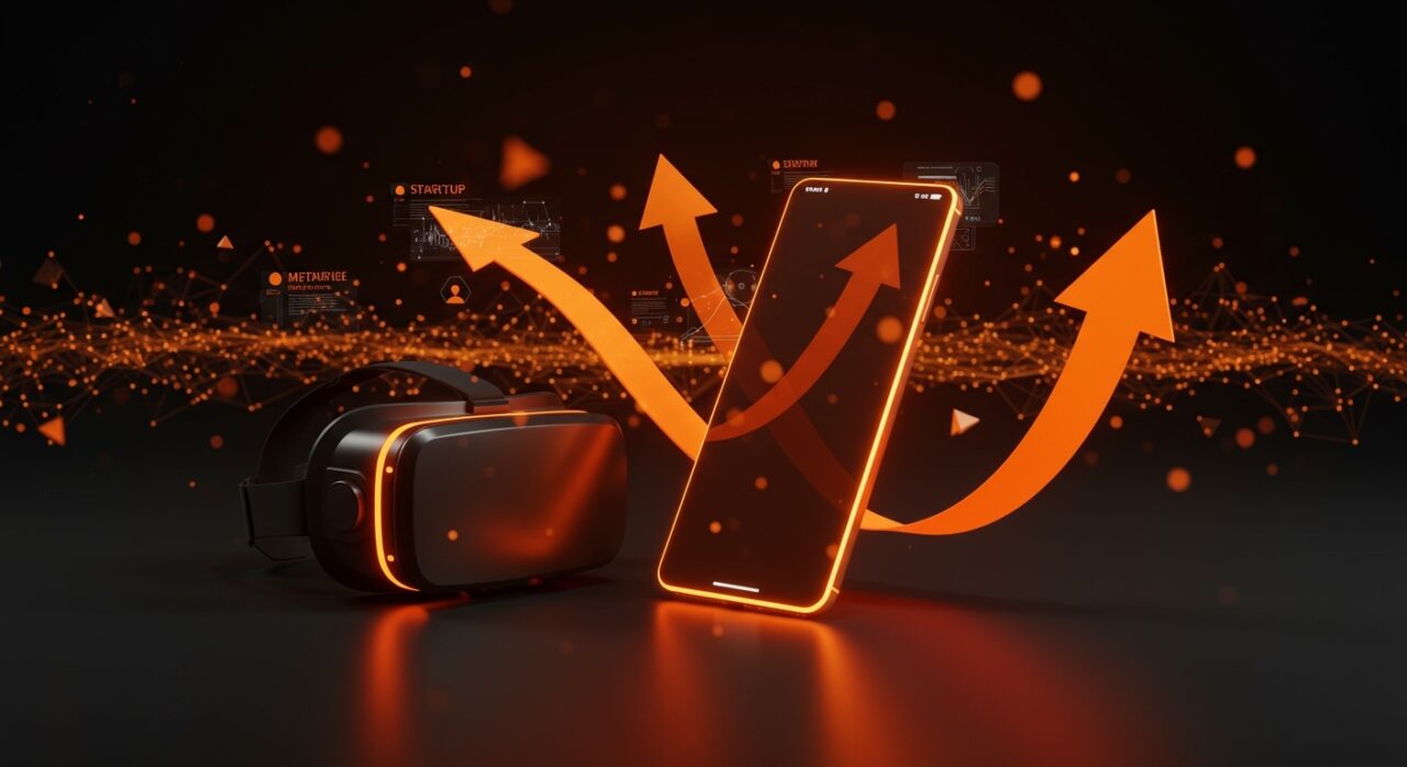 Dispositivo móvil futurista iluminado en naranja sobre un auricular de realidad virtual apagado, simbolizando el pivote estratégico de Meta y Horizons Worlds hacia plataformas móviles en el metaverso.