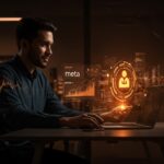 Fundador tecnológico analizando hologramas financieros sobre impuestos y política, ilustrando la tasa fiscal de Meta y su impacto en startups.