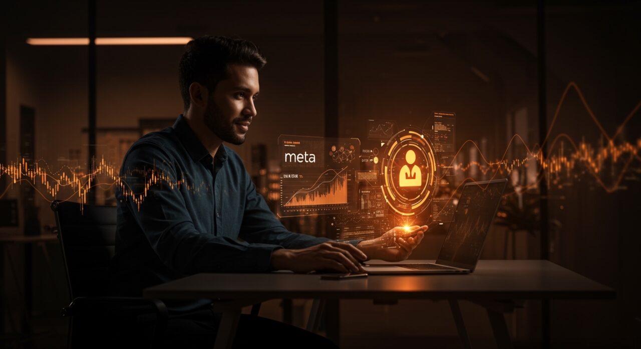 Fundador tecnológico analizando hologramas financieros sobre impuestos y política, ilustrando la tasa fiscal de Meta y su impacto en startups.