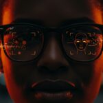 Reconocimiento facial IA en gafas inteligentes Ray-Ban de Meta con interfaz digital en lentes, simbolizando innovación y privacidad tecnológica.