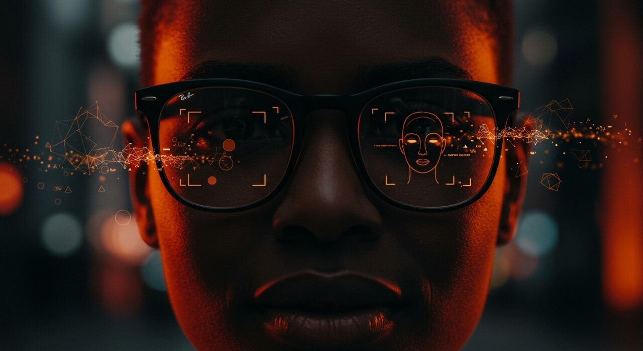 Reconocimiento facial IA en gafas inteligentes Ray-Ban de Meta con interfaz digital en lentes, simbolizando innovación y privacidad tecnológica.