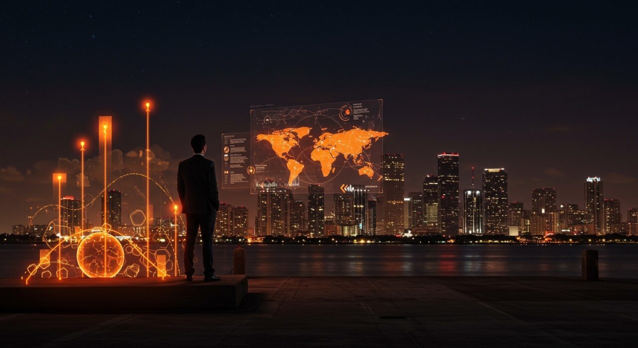 Emprendedor latino en Miami contemplando expansión internacional y crecimiento en startups con contexto de mercado estadounidense.