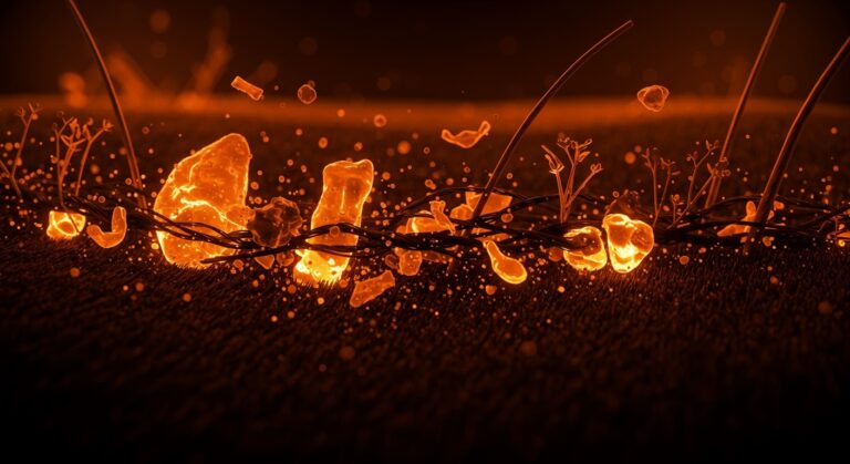 Microplásticos liberados por tejidos sintéticos afectando la salud cutánea, ilustración conceptual para moda sostenible en el ecosistema startup.