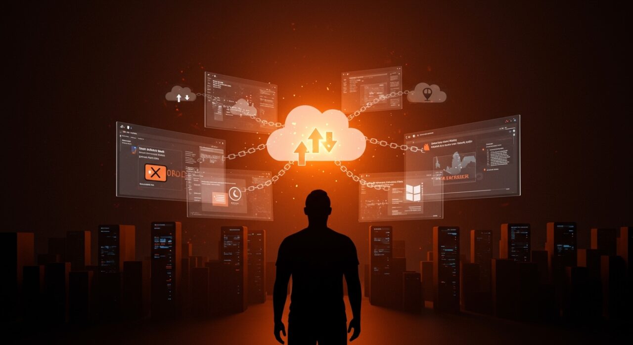 Fundador tech frustrado frente a pantallas con Notepad bloqueado y errores cloud, ilustrando problemas de Microsoft Account y arquitectura Thin Clients en Windows 11.