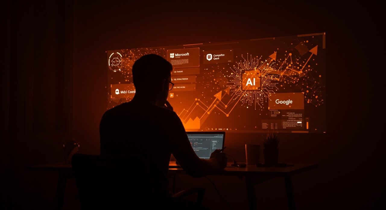 Fundador analizando la competencia y desafíos de Microsoft Copilot en IA aplicada frente a Google Gemini en un entorno tecnológico oscuro con luces naranjas.