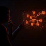 Figura contemplativa con diagrama holográfico de Git Flow, simbolizando ética e inteligencia artificial en tecnología y propiedad intelectual.