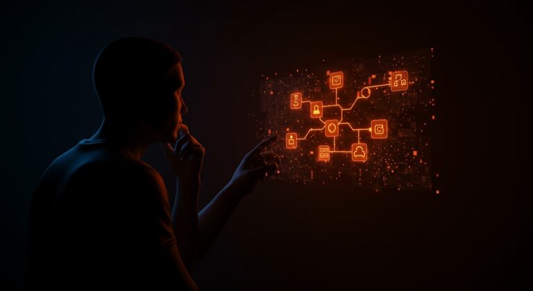 Figura contemplativa con diagrama holográfico de Git Flow, simbolizando ética e inteligencia artificial en tecnología y propiedad intelectual.